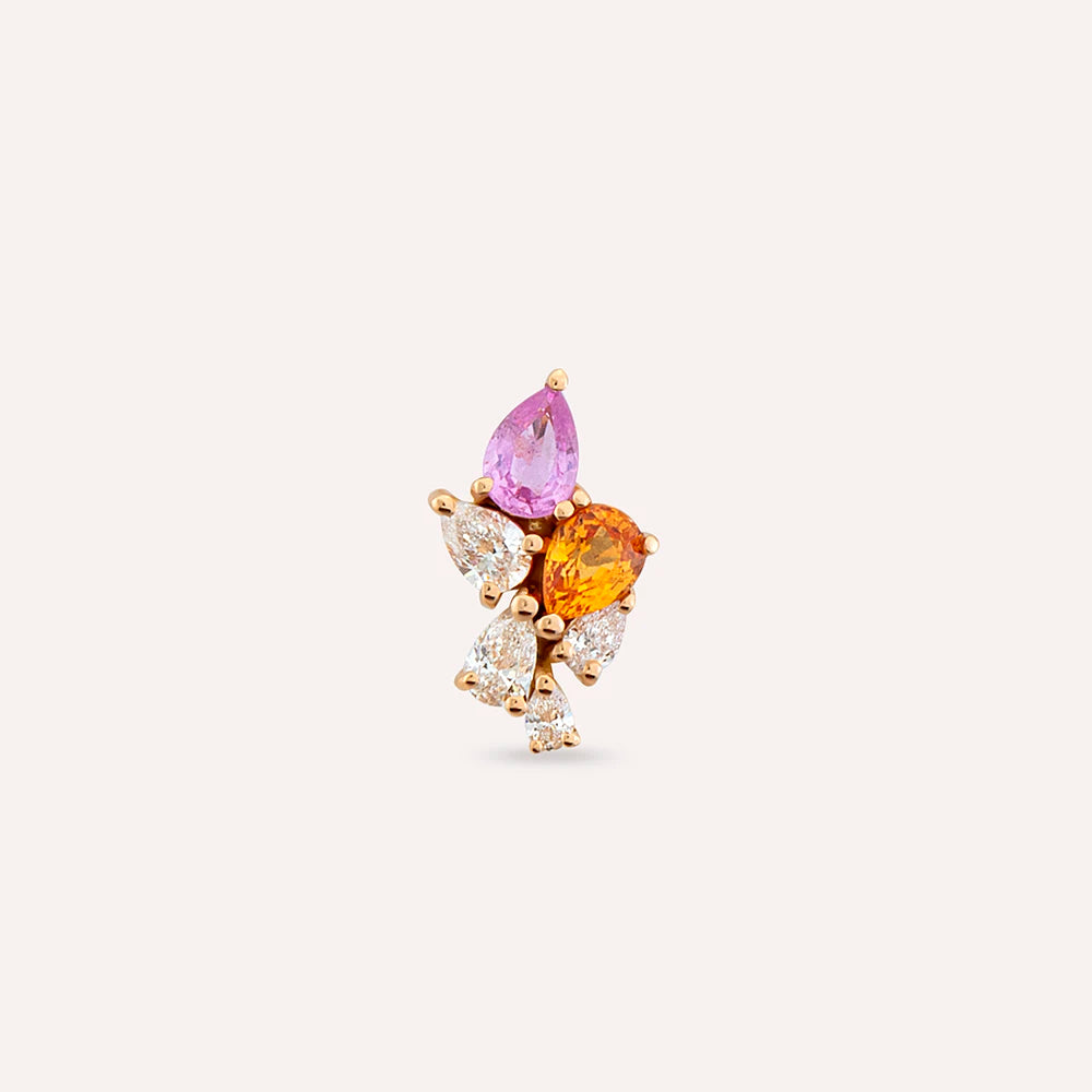 Bunch 0.58 CT Pırlanta ve Multicolor Safir Taşlı Rose Altın Tek Küpe