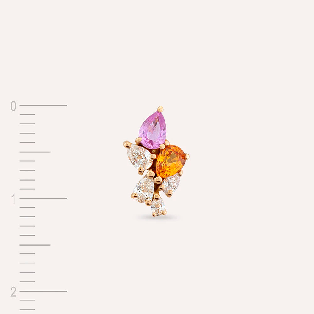 Bunch 0.58 CT Pırlanta ve Multicolor Safir Taşlı Rose Altın Tek Küpe