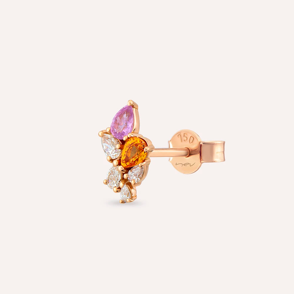 Bunch 0.58 CT Pırlanta ve Multicolor Safir Taşlı Rose Altın Tek Küpe