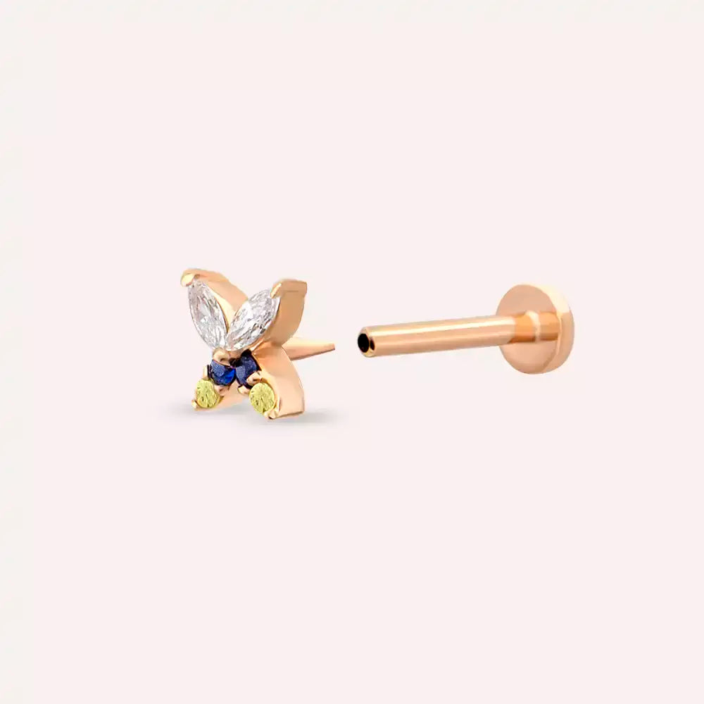 Butterfly Yellow, Blue Safir ve Pırlanta Taşlı Rose Altın Piercing