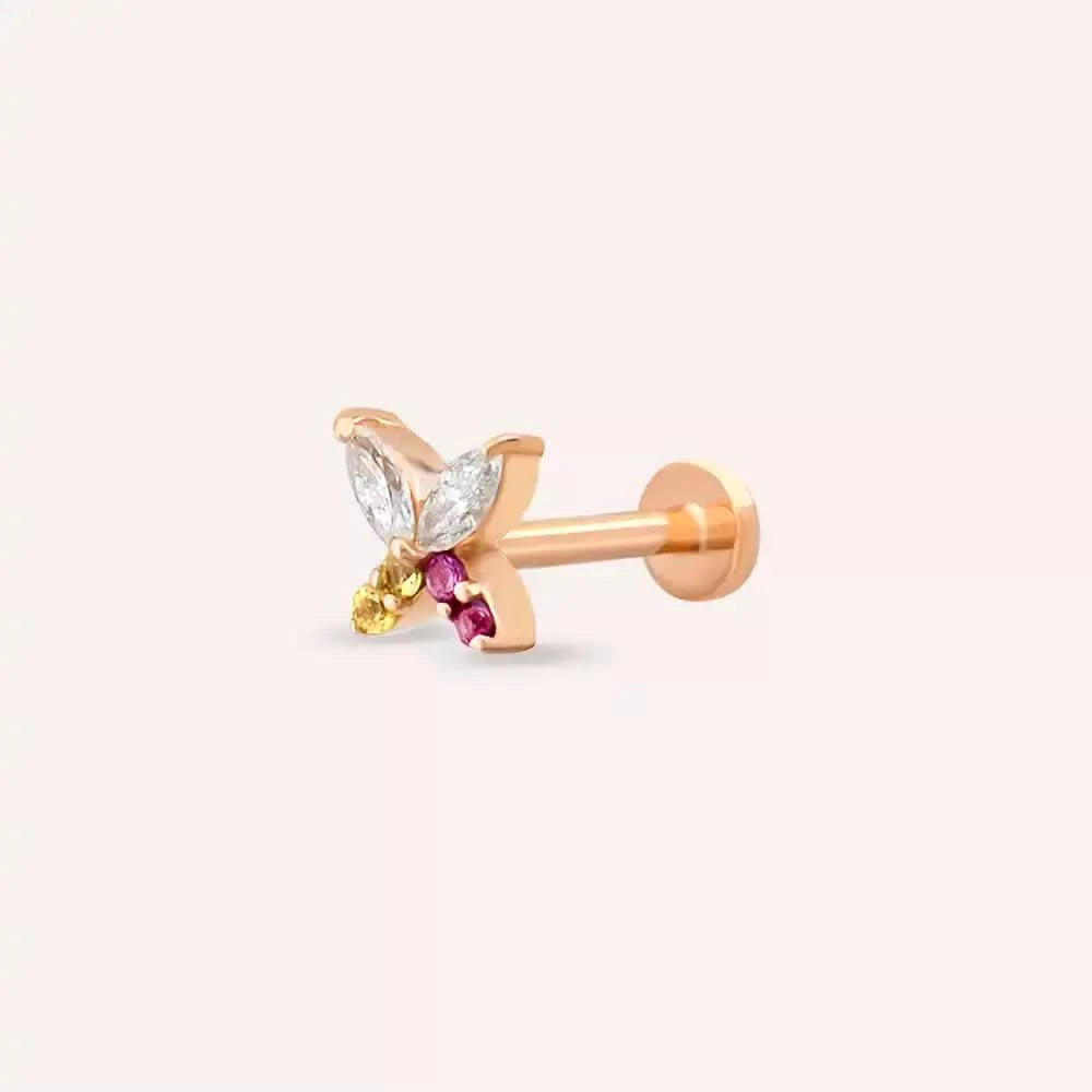 Butterfly Yellow, Pink Safir ve Pırlanta Taşlı Rose Altın Piercing