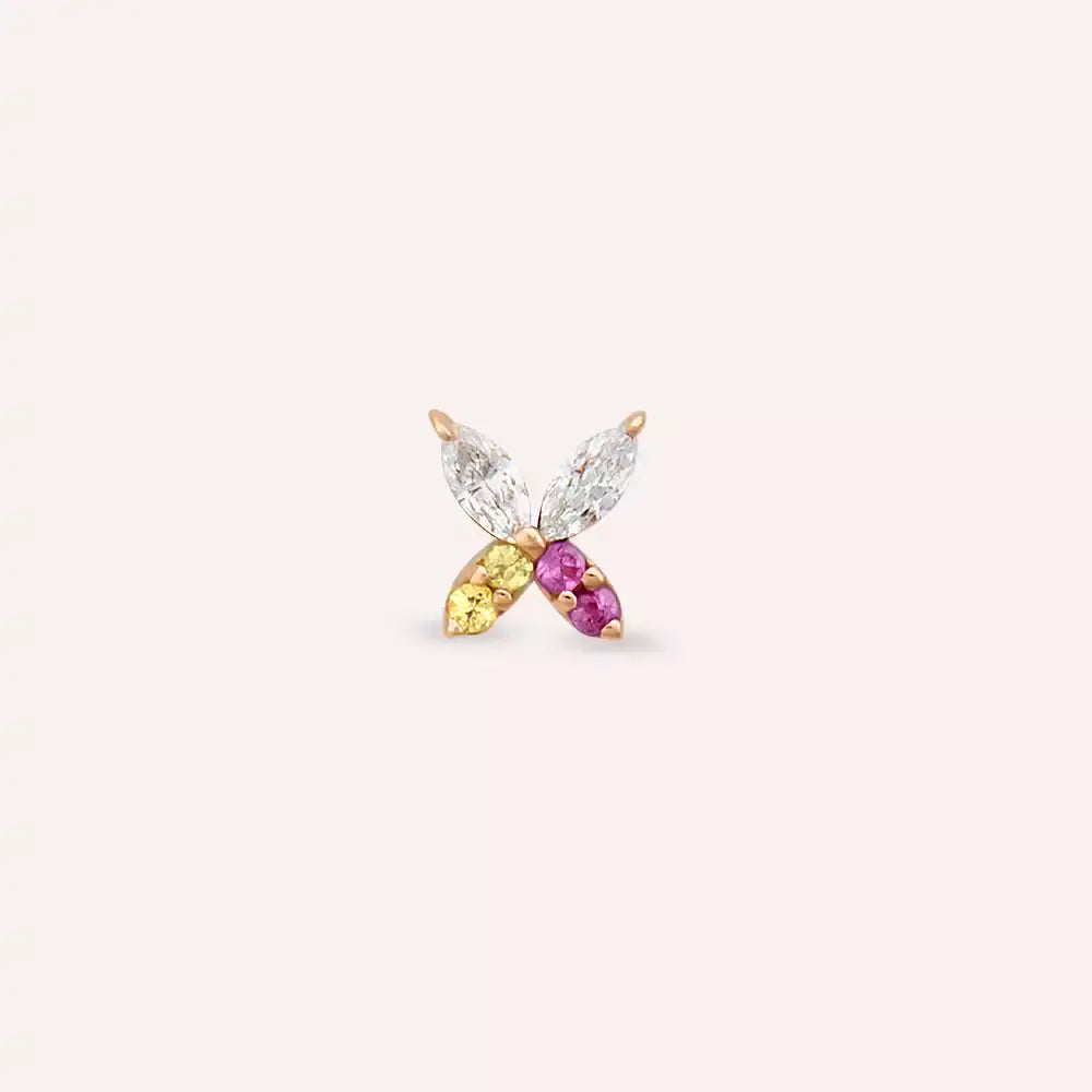 Butterfly Yellow, Pink Safir ve Pırlanta Taşlı Rose Altın Piercing