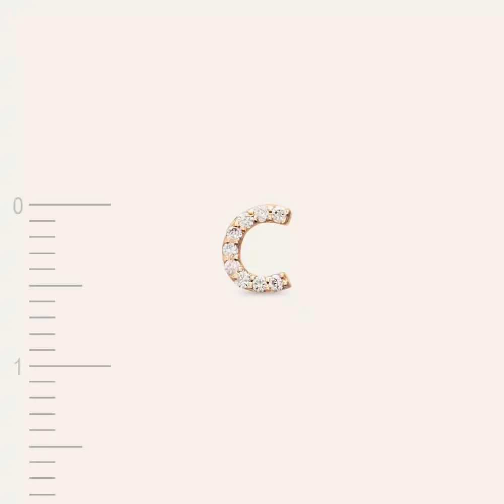 C Harf Pırlanta Taşlı Rose Altın Tek Küpe