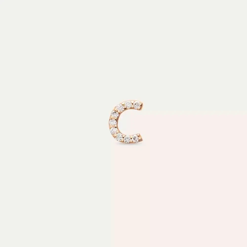 C Harf Pırlanta Taşlı Rose Altın Tek Küpe