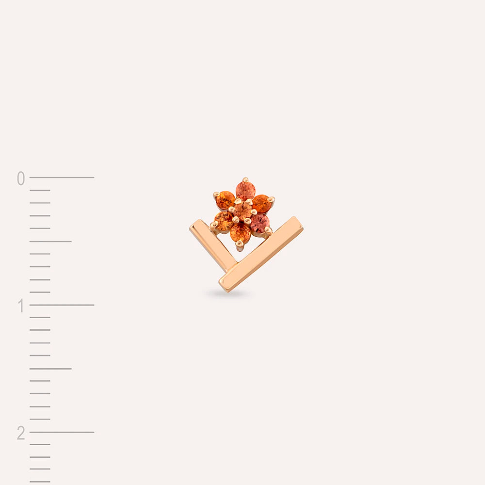 Camelia Orange Safir Taşlı Rose Altın Tek Küpe