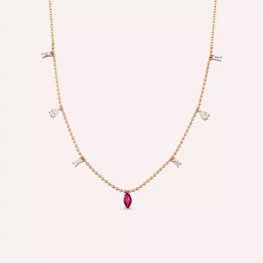 Chic Yakut ve Pırlanta Taşlı Rose Altın Kolye