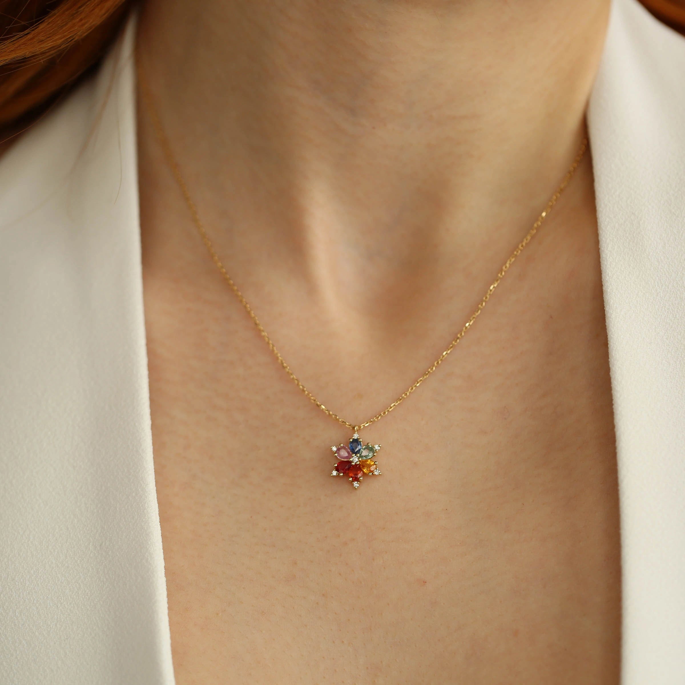 Clematis 1.28 CT Multicolor Safir ve Pırlanta Taşlı Sarı Altın Kolye