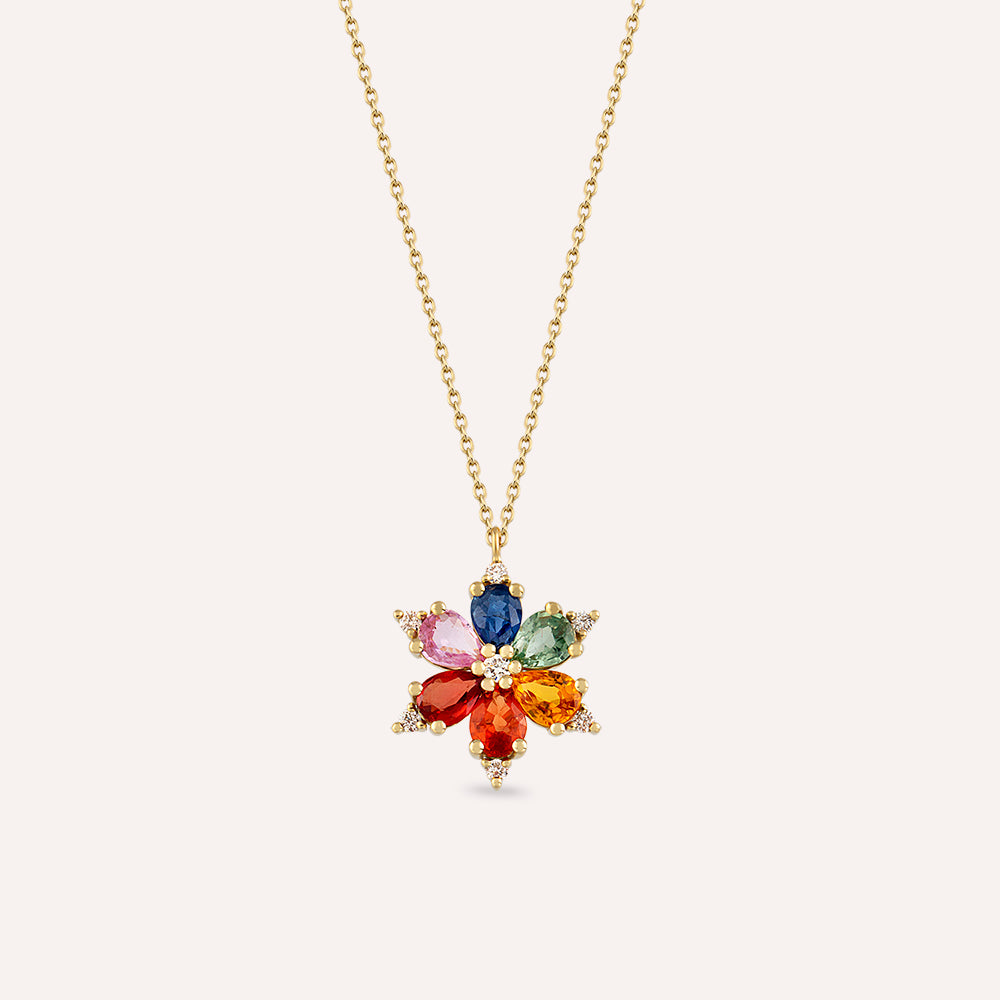 Clematis 1.28 CT Multicolor Safir ve Pırlanta Taşlı Sarı Altın Kolye