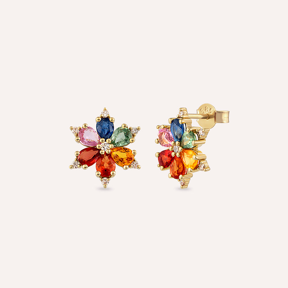 Clematis 2.54 CT Multicolor Safir ve Pırlanta Taşlı Sarı Altın Küpe