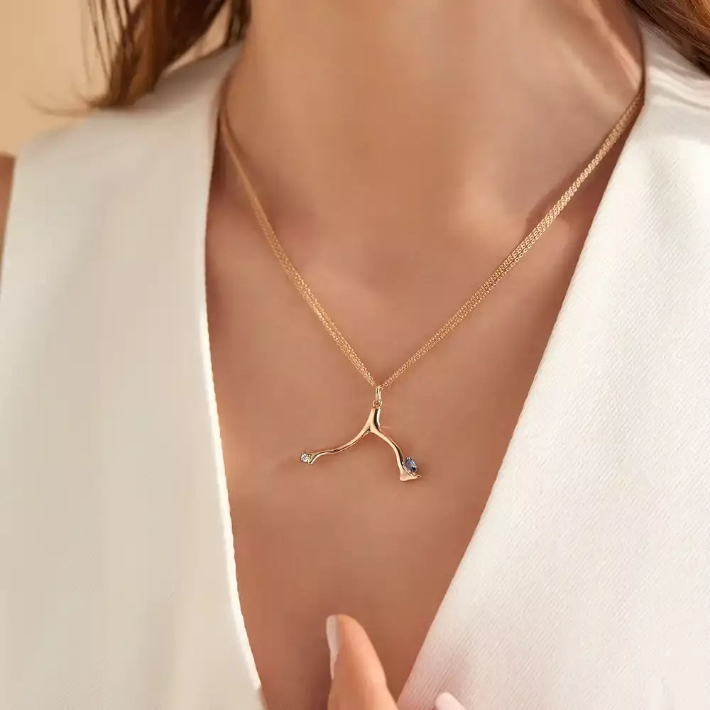 Coral Blue Safir ve Pırlanta Taşlı Rose Altın Kolye