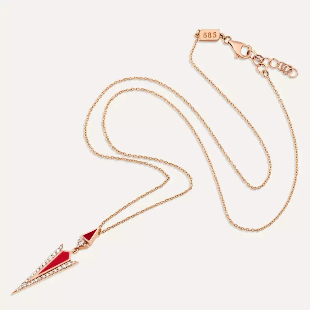 Corvus Pırlanta Taşlı ve Kırmızı Mineli Rose Altın Kolye