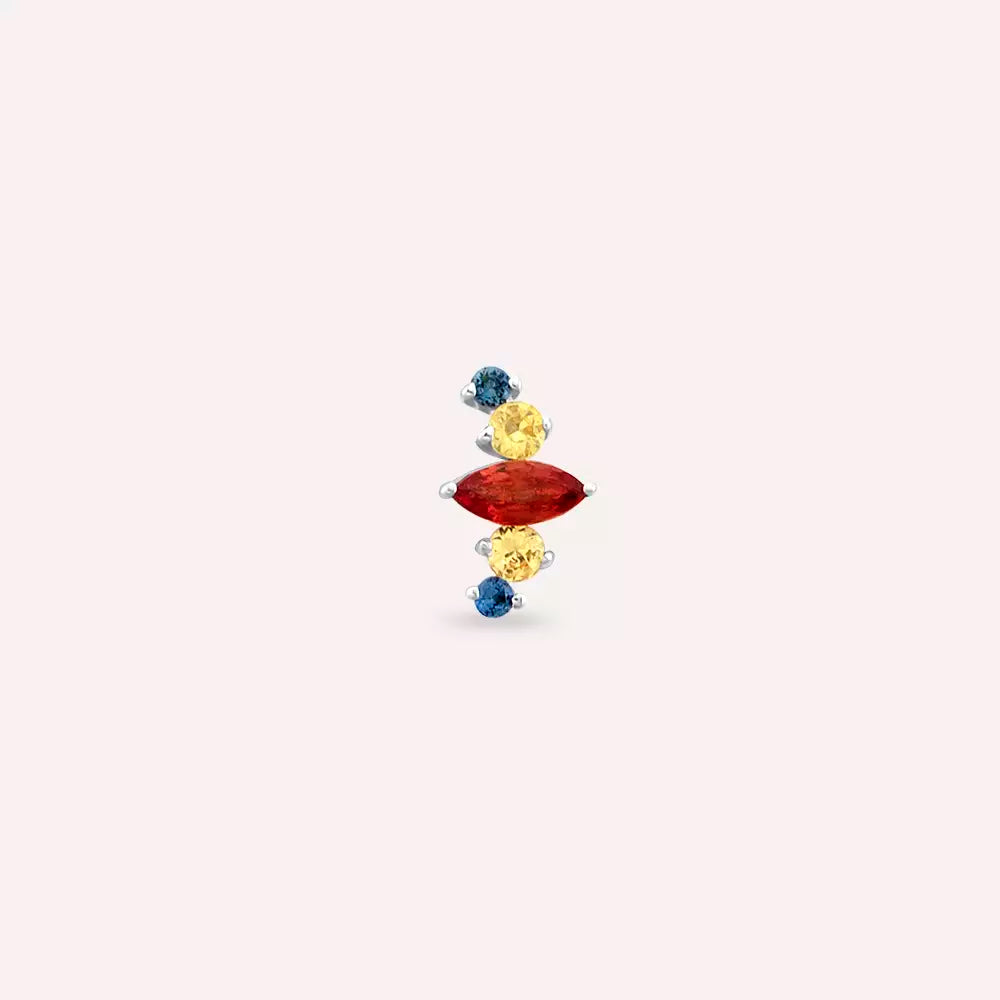 Crown Multicolor Safir Taşlı Beyaz Altın Tek Küpe