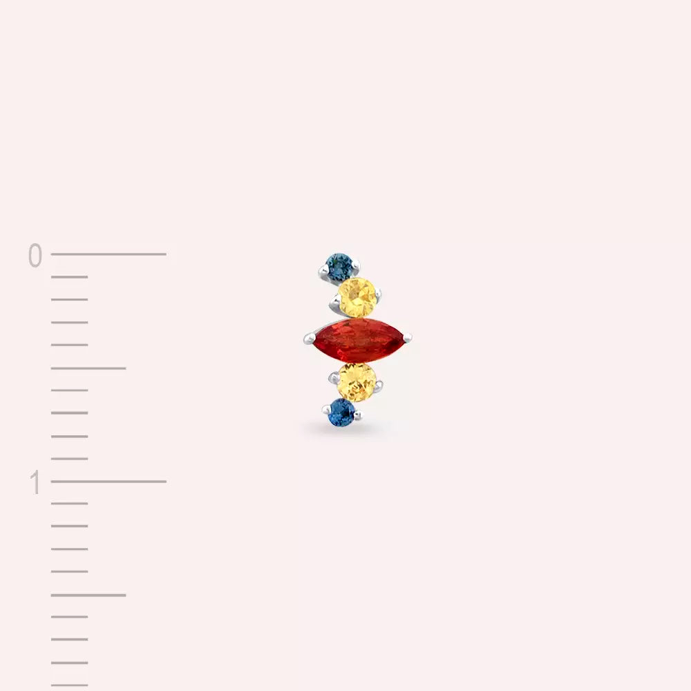 Crown Multicolor Safir Taşlı Beyaz Altın Tek Küpe