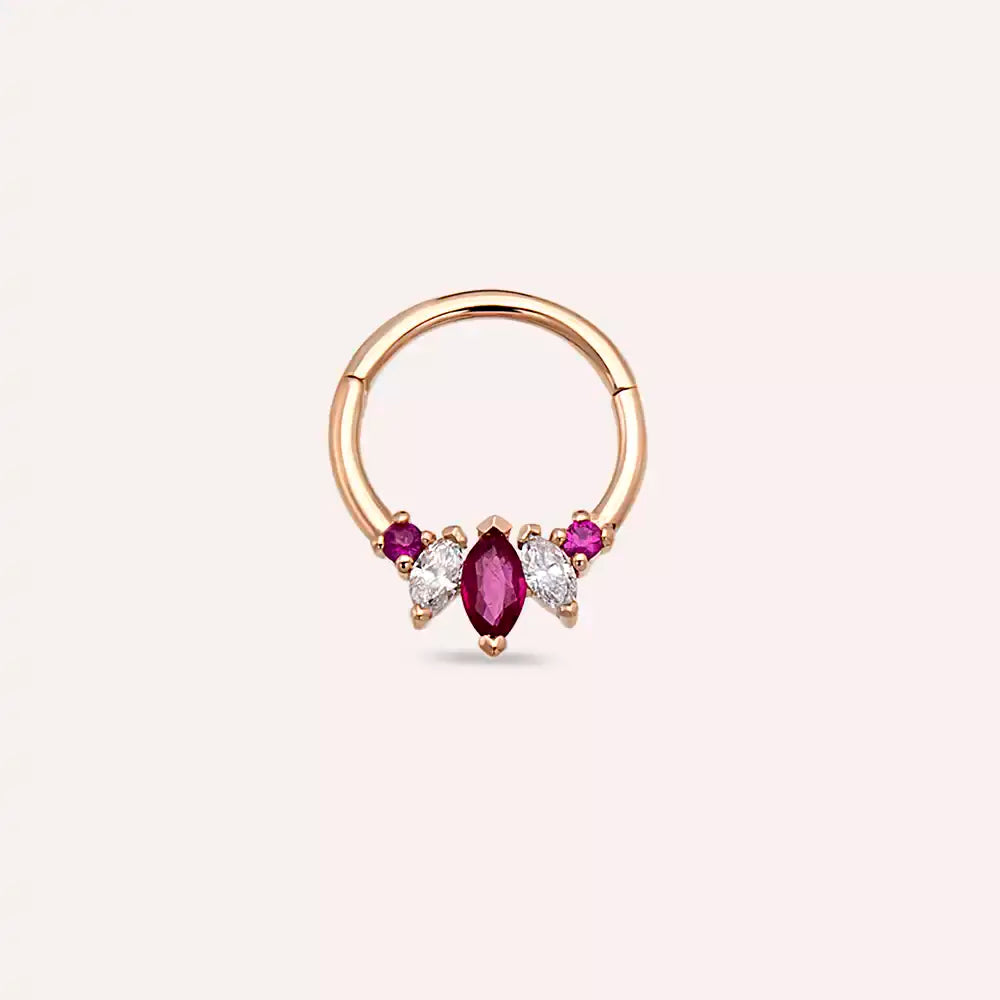 Diva Yakut ve Pırlanta Taşlı Rose Altın Halka Piercing