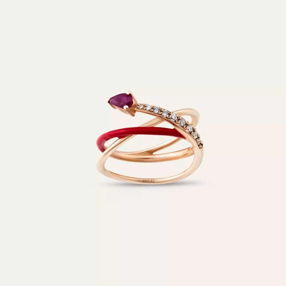 Donel Yakut Taşlı ve Kırmızı Mineli Rose Altın Yüzük