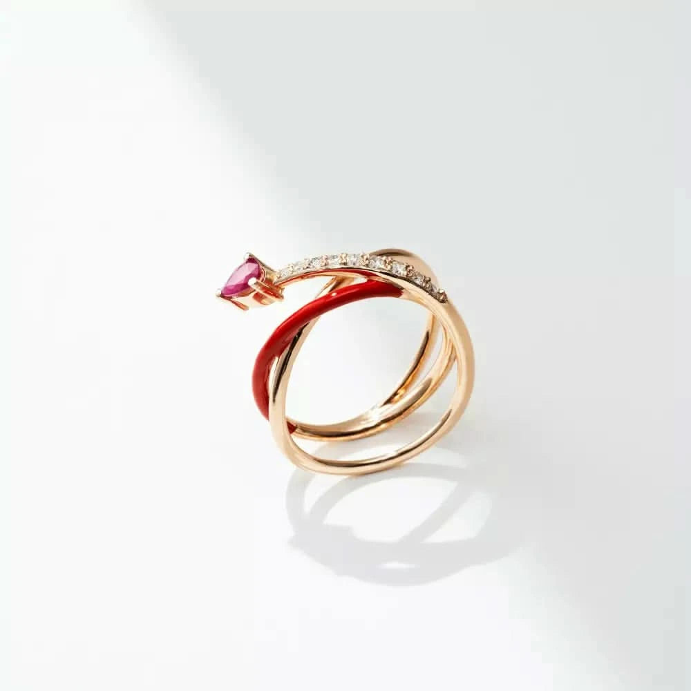 Donel Yakut Taşlı ve Kırmızı Mineli Rose Altın Yüzük