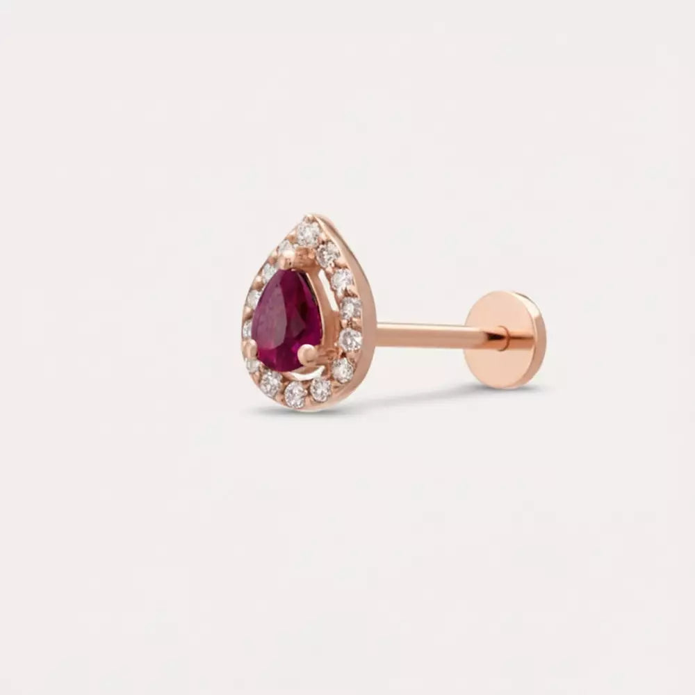 Drop Damla Kesim Yakut ve Pırlanta Taşlı Rose Altın Piercing