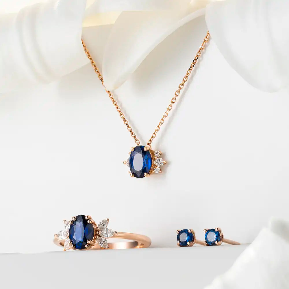 Duo Blue Safir Taşlı Rose Altın Küpe