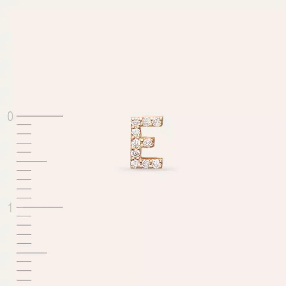 E Harf Pırlanta Taşlı Rose Altın Tek Küpe