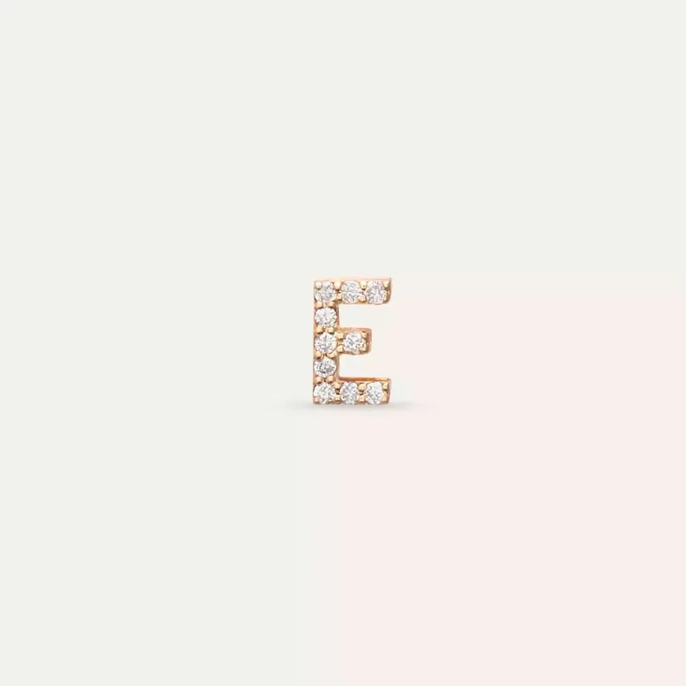 E Harf Pırlanta Taşlı Rose Altın Tek Küpe