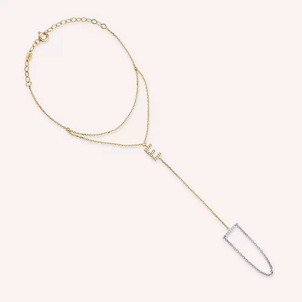 E Harf Pırlanta Taşlı Sarı ve Beyaz Altın Şahmeran