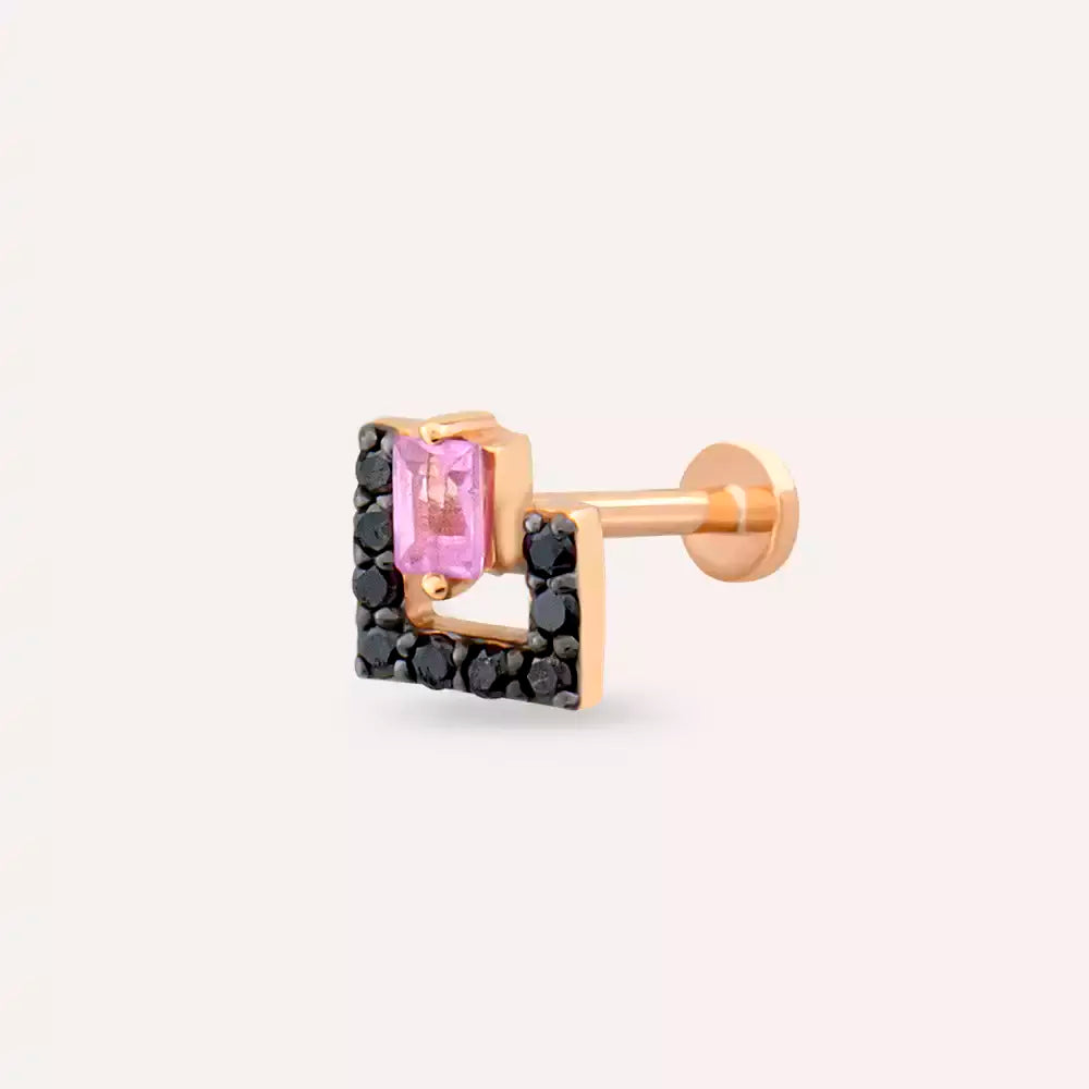 Elan Siyah Pırlanta ve Pink Safir Taşlı Rose Altın Piercing