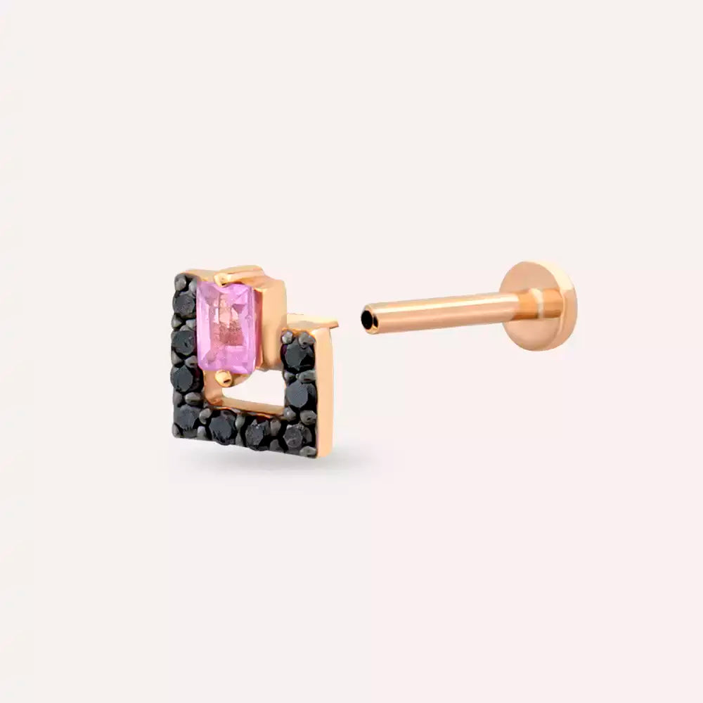 Elan Siyah Pırlanta ve Pink Safir Taşlı Rose Altın Piercing