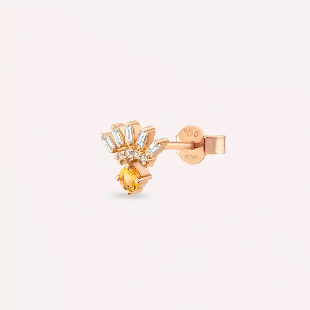 Dawn Yellow Safir ve Baget Kesim Pırlanta Taşlı Rose Altın Tek Küpe