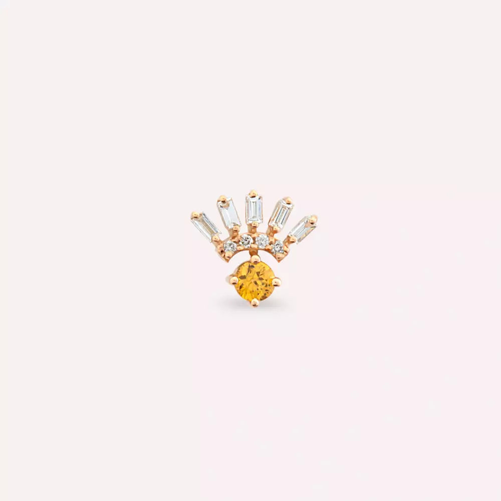 Dawn Yellow Safir ve Baget Kesim Pırlanta Taşlı Rose Altın Tek Küpe