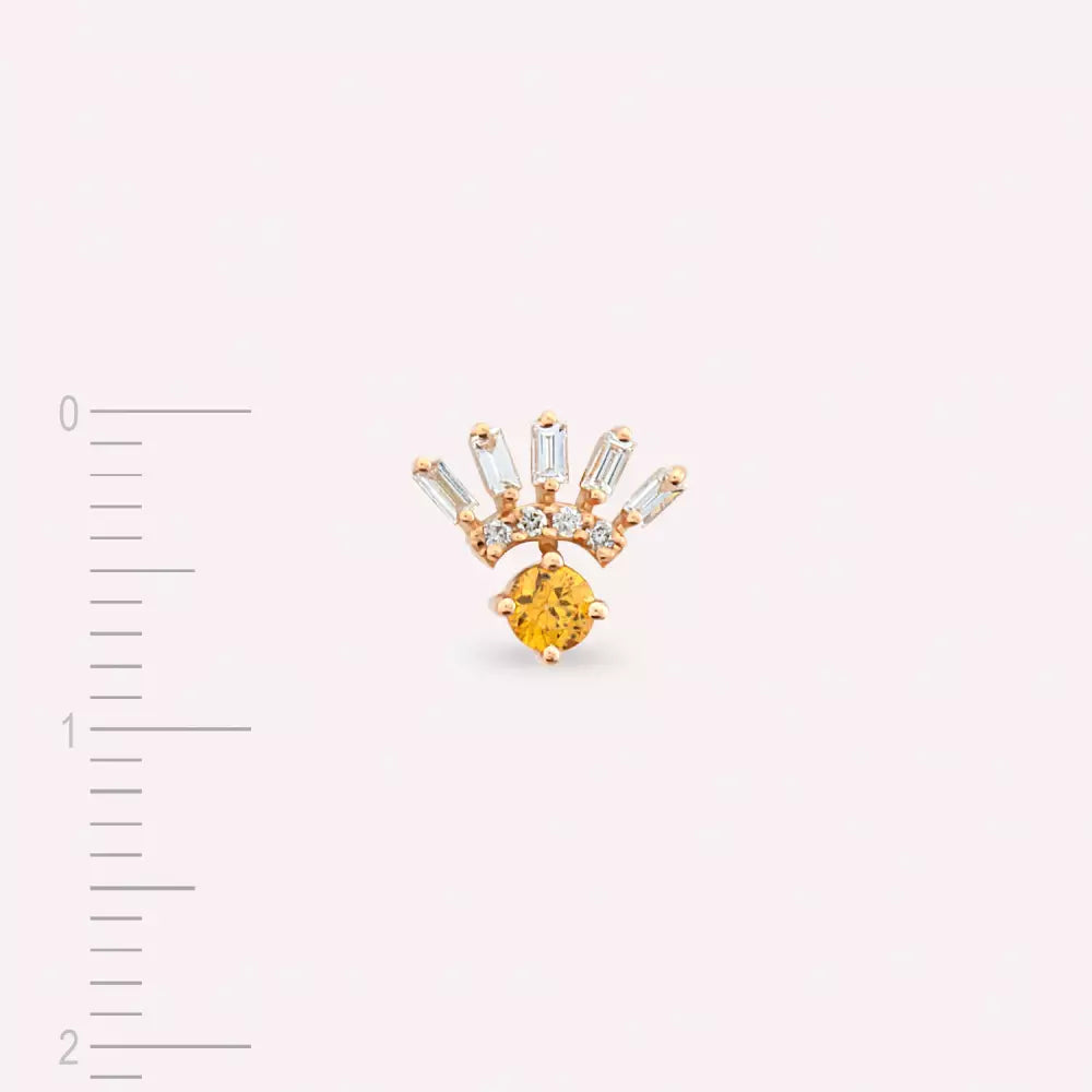 Dawn Yellow Safir ve Baget Kesim Pırlanta Taşlı Rose Altın Tek Küpe