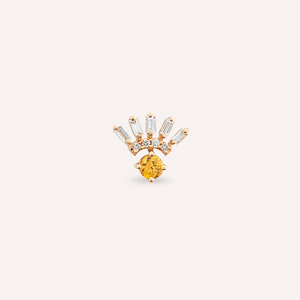 Enif Yellow Safir ve Baget Pırlanta Taşlı Rose Altın Tek Küpe