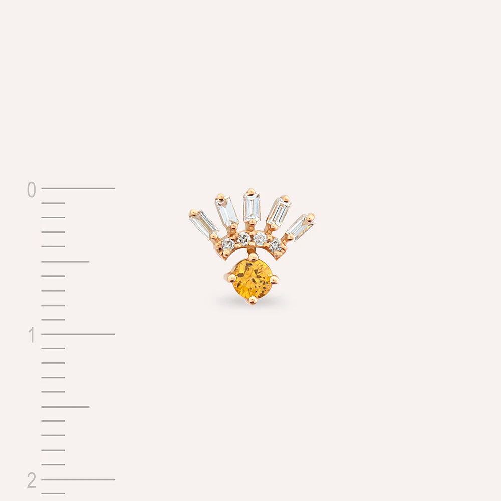 Enif Yellow Safir ve Baget Pırlanta Taşlı Rose Altın Tek Küpe