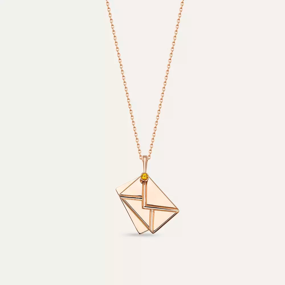 Envelope Yellow Safir Taşlı Rose Altın Kolye