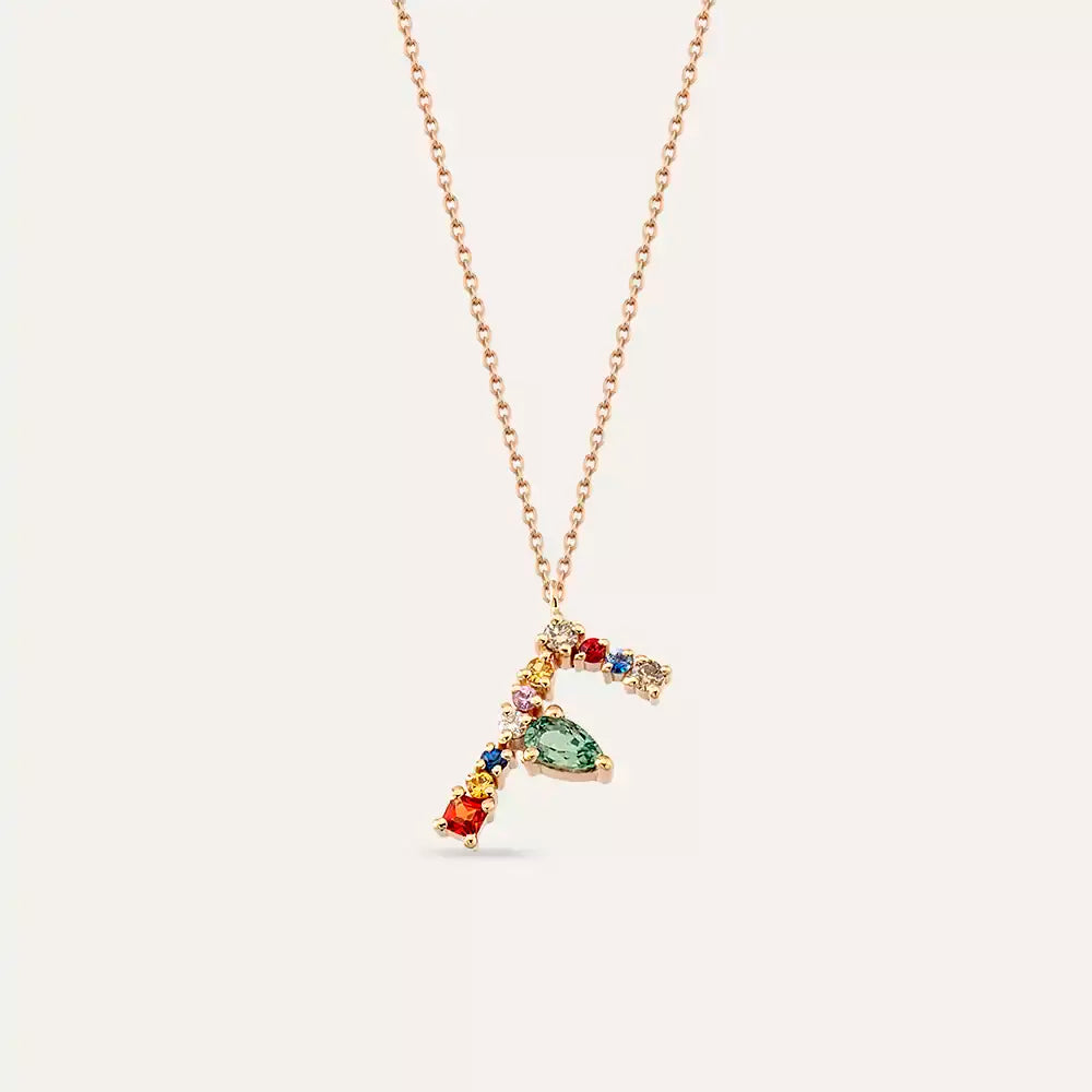 F Harf Brown Pırlanta ve Multicolor Safir Taşlı Rose Altın Kolye