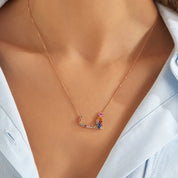 ف Fe Harf 1.48 CT Pırlanta ve Multicolor Safir Taşlı Rose Altın Kolye