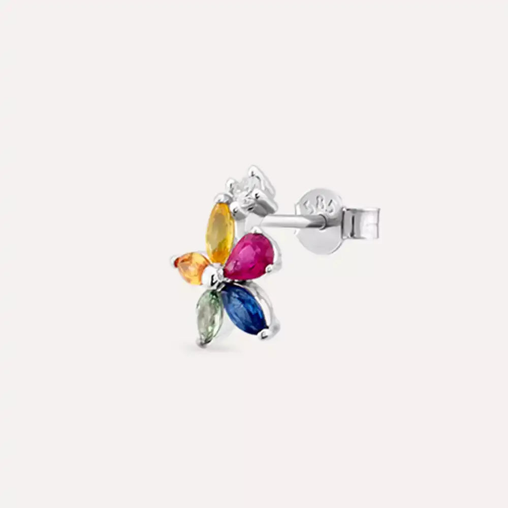 Fion Multicolor Safir, Yakut ve Pırlanta Taşlı Beyaz Altın Tek Küpe