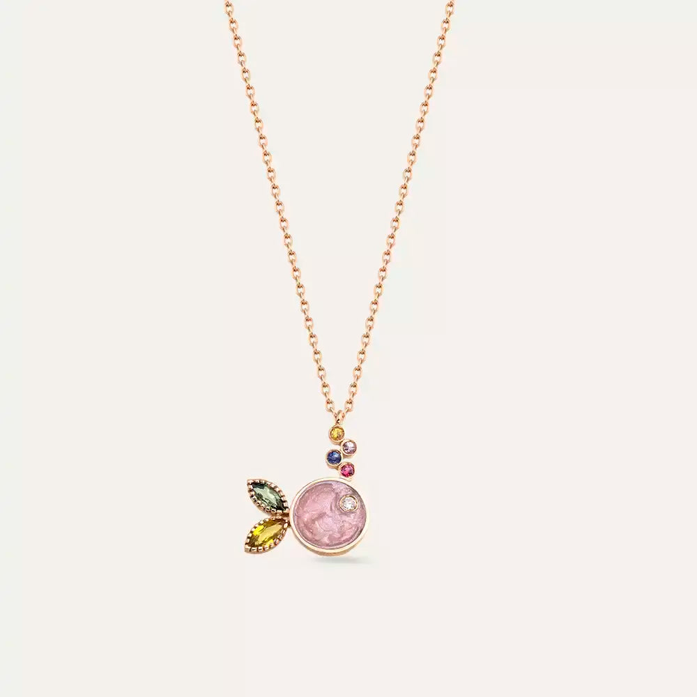Fisht Multicolor Safir Taşlı ve Pembe Mineli Rose Altın Kolye