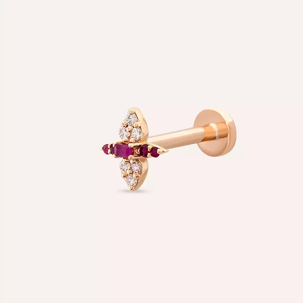 Floret Yakut ve Pırlanta Taşlı Rose Altın Piercing