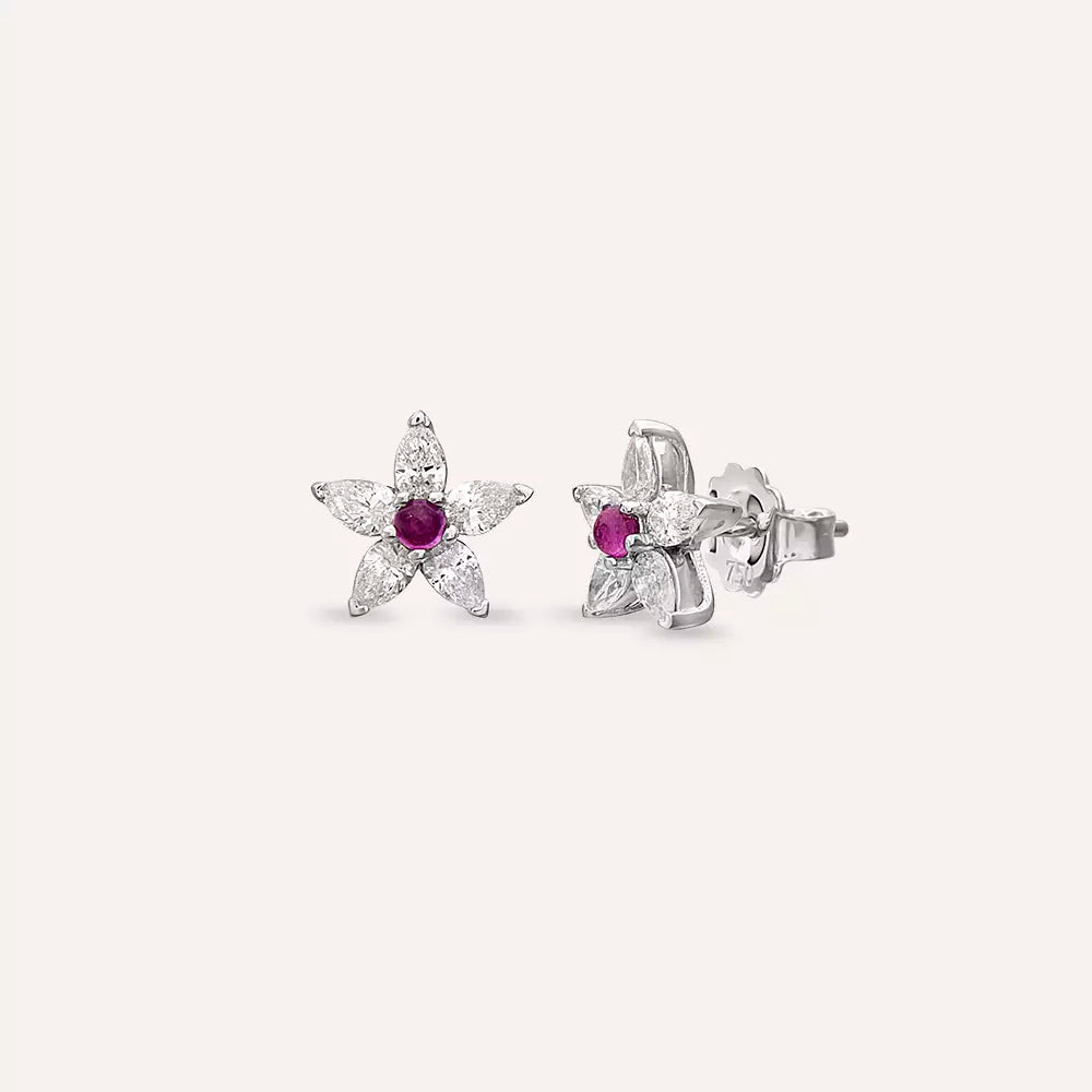 Flower Pink Safir ve Pırlanta Taşlı Beyaz Altın Küpe