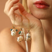 Frog Doğal İnci, Opal ve Multicolor Safir Taşlı Sarı Altın Kolye