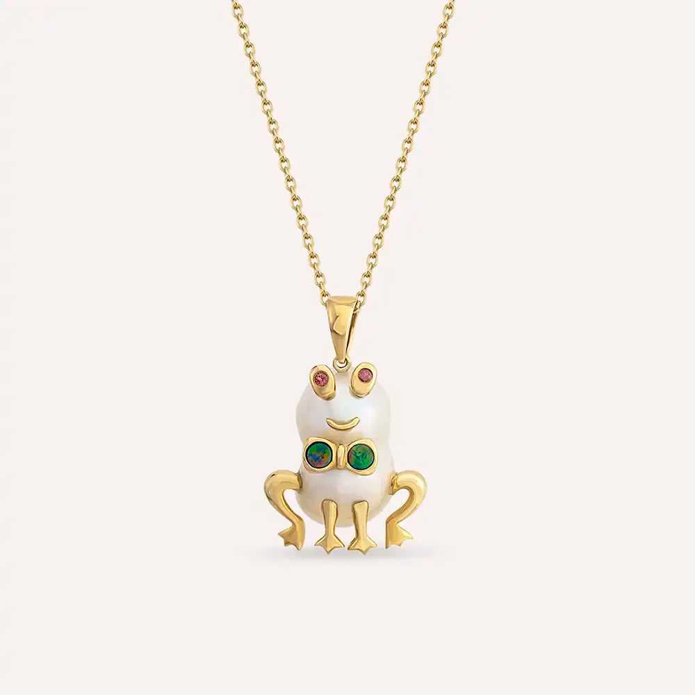 Frog Doğal İnci, Opal ve Multicolor Safir Taşlı Sarı Altın Kolye