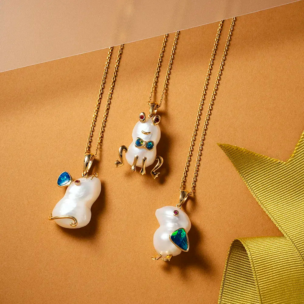 Frog Doğal İnci, Opal ve Multicolor Safir Taşlı Sarı Altın Kolye