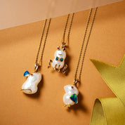 Frog Doğal İnci, Opal ve Multicolor Safir Taşlı Sarı Altın Kolye