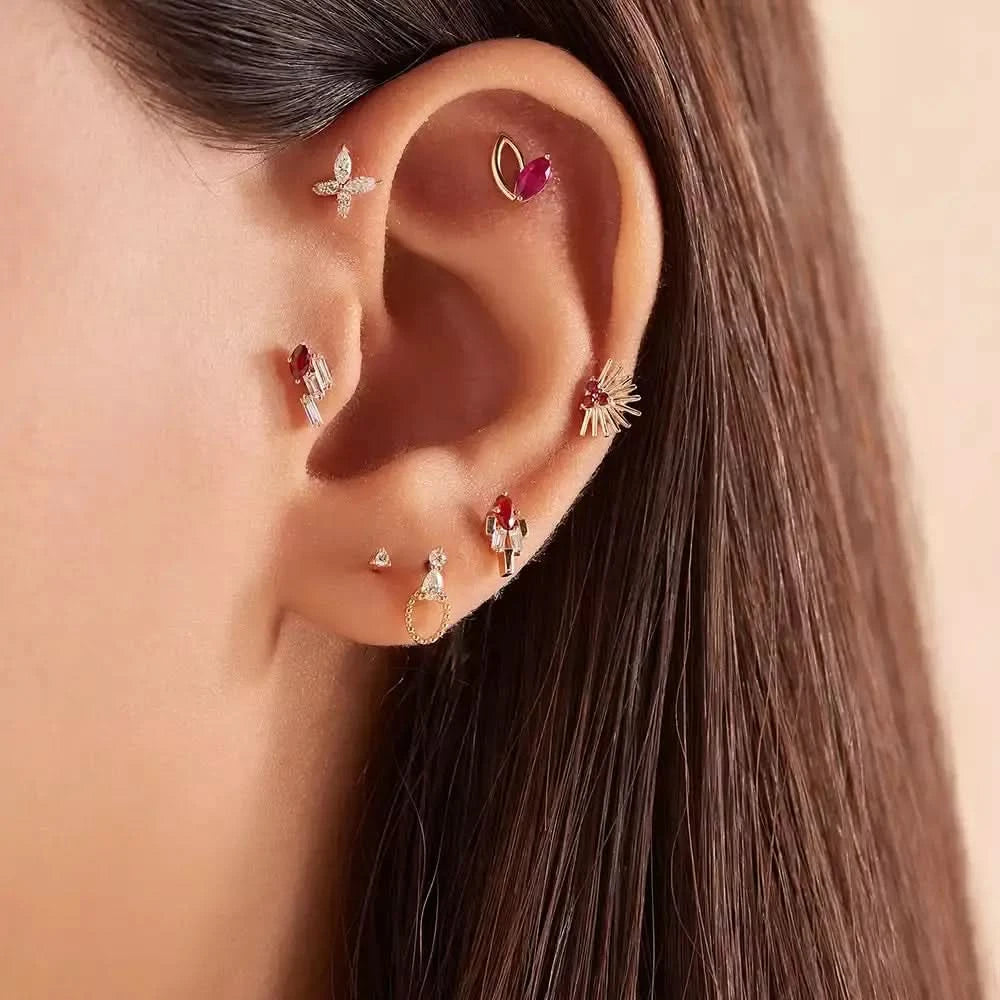 Frond Yakut Taşlı Rose Altın Piercing