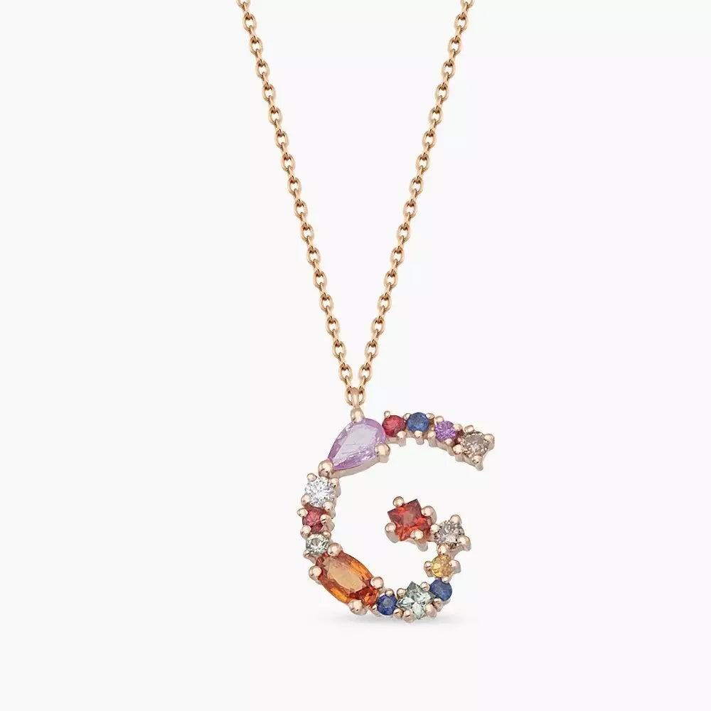 G Harf Brown Pırlanta ve Multicolor Safir Taşlı Rose Altın Kolye