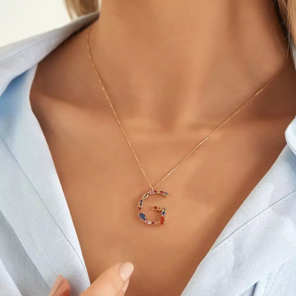 G Harf Multicolor Safir ve Brown Pırlanta Taşlı Rose Altın Kolye