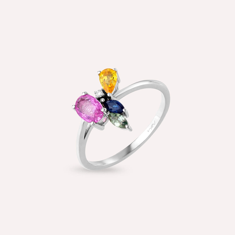 Gentilezza 1.04 CT Multicolor Safir Taşlı Beyaz Altın Yüzük
