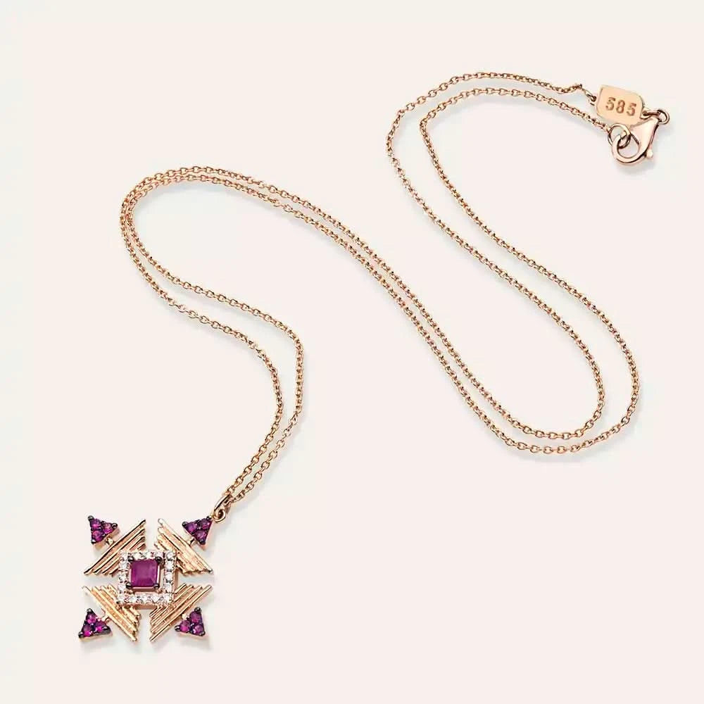 Gredi Yakut ve Pırlanta Taşlı Rose Altın Kolye