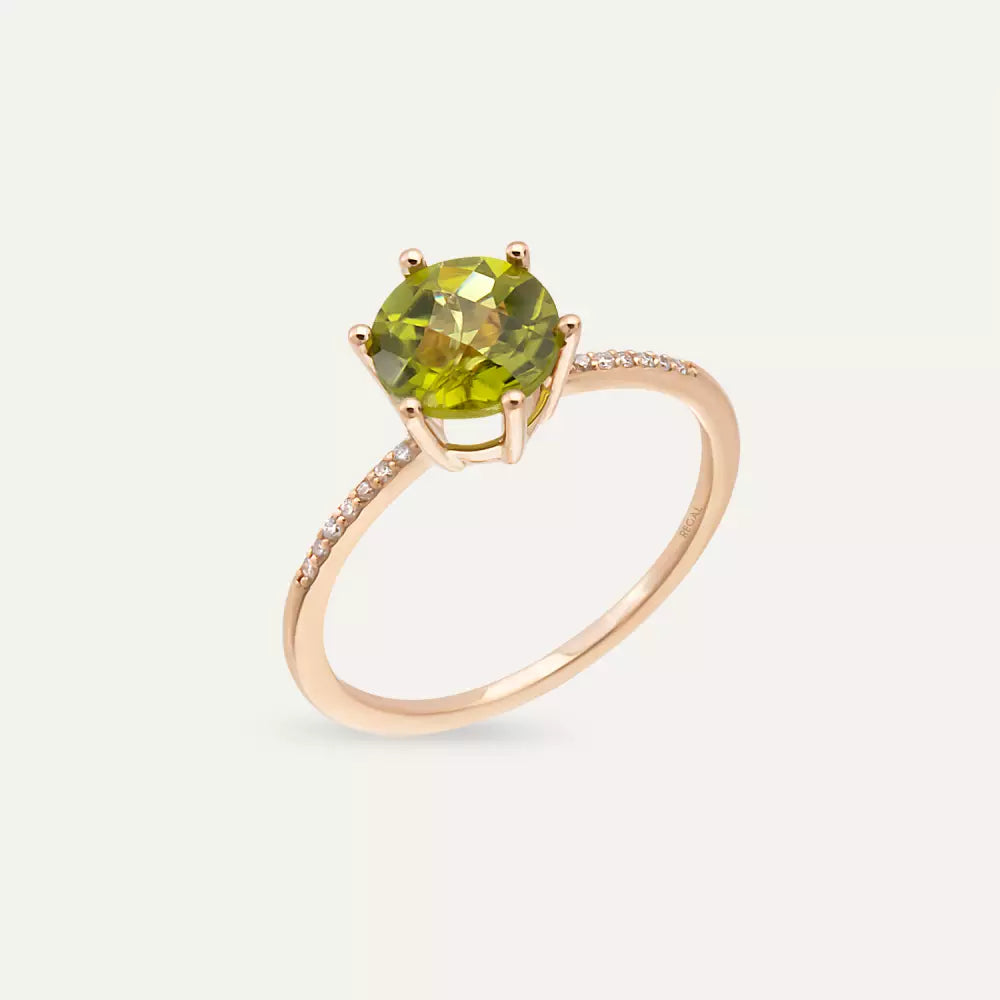 Grene Peridot ve Pırlanta Taşlı Rose Altın Yüzük