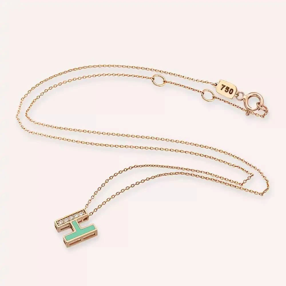 H Harf Pırlanta Taşlı ve Su Yeşil Mineli Rose Altın Kolye